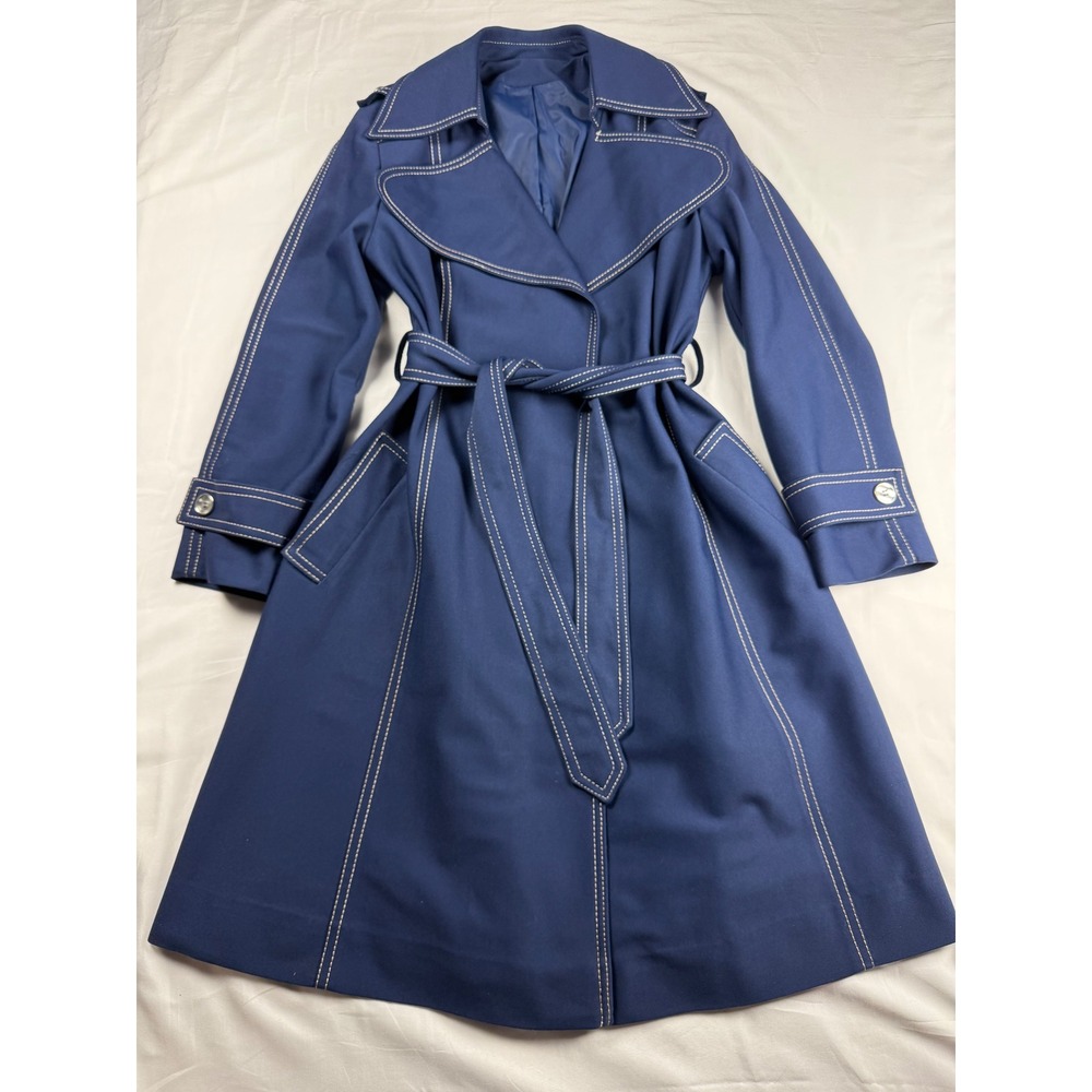 American Bazaar Vintage Navy Blue Contrast Stitch Belted Trench Coat Womens